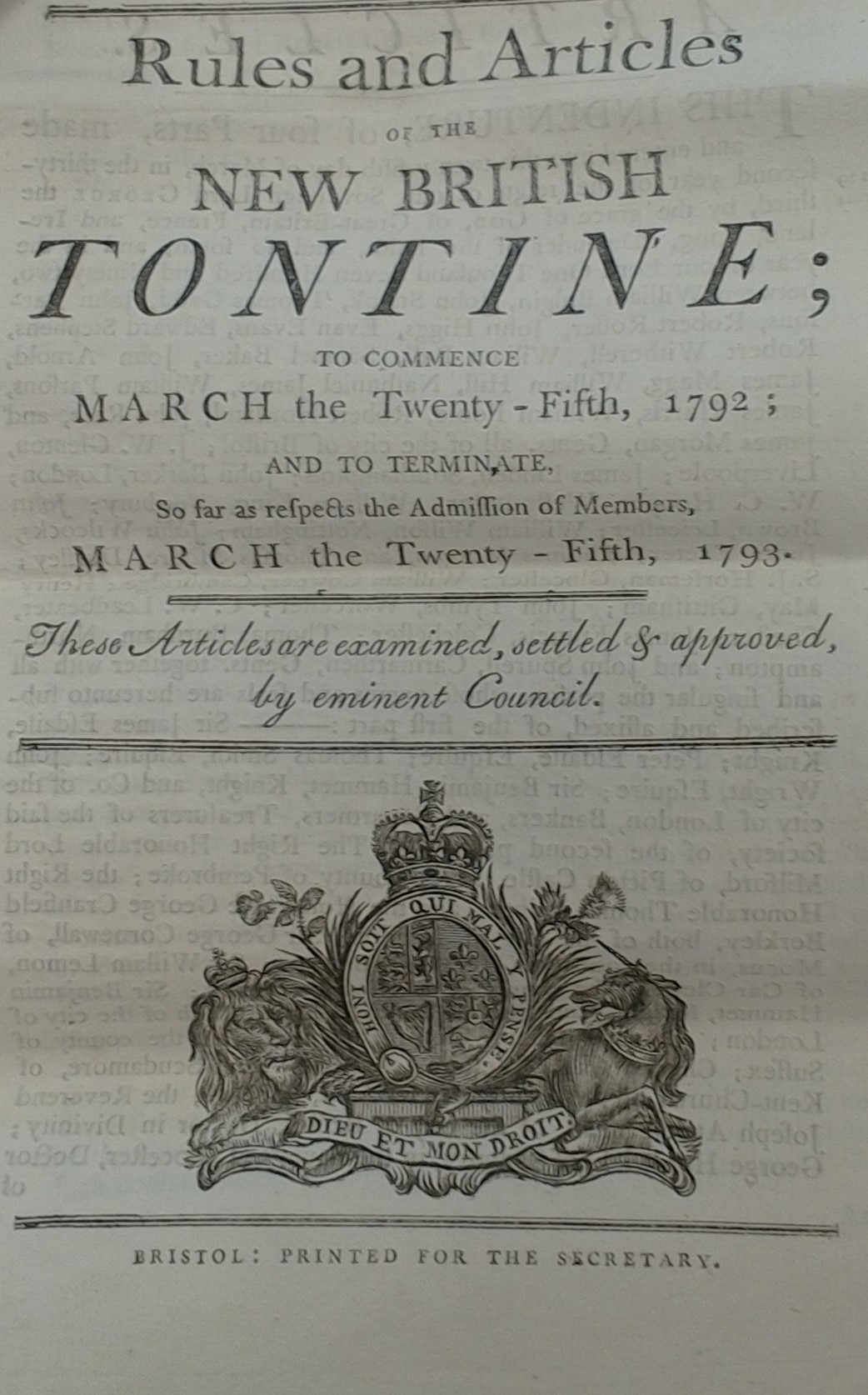 New British Tontine Rules Pamphlet